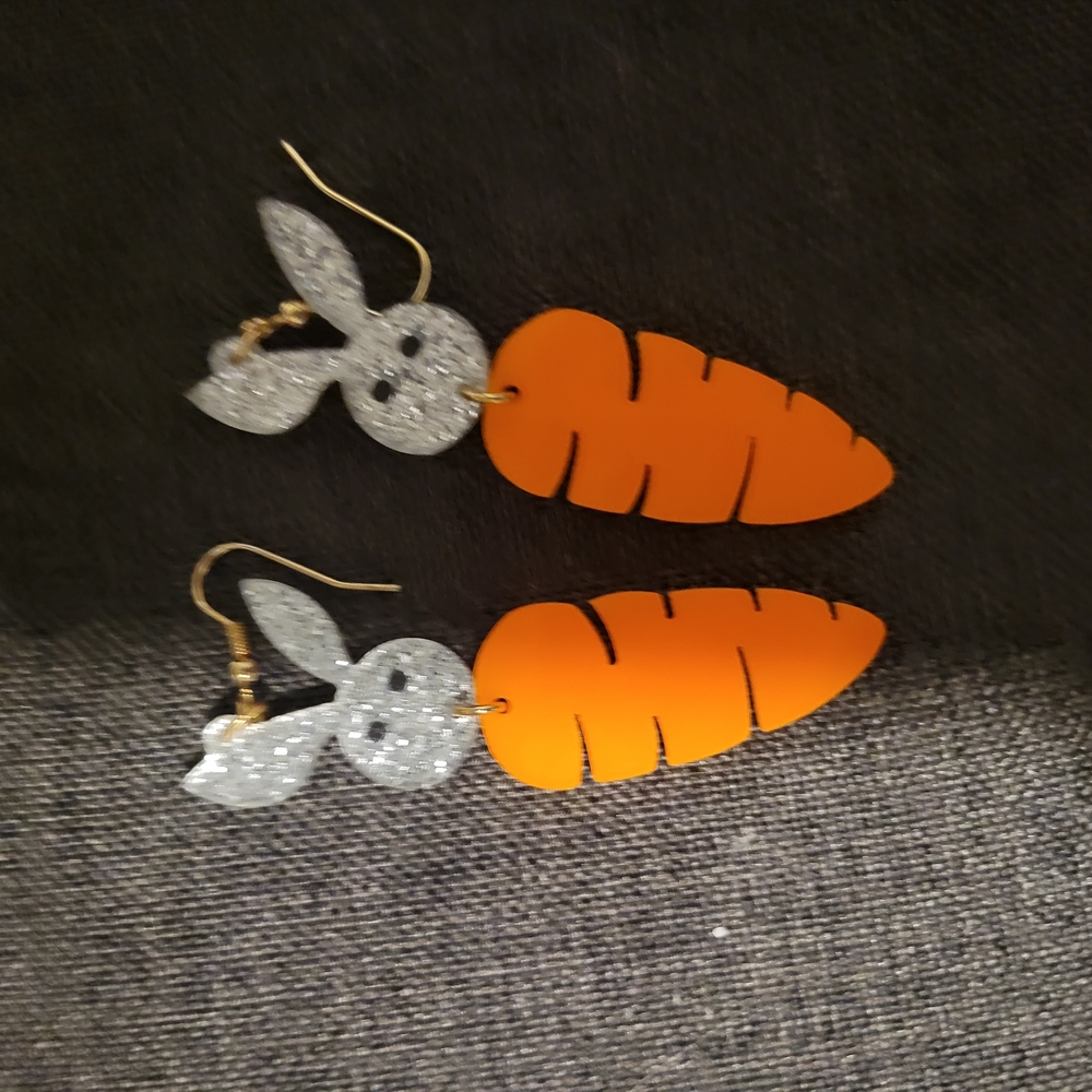 Playful Orange Carrot Drop Earrings with Silver Bunny Accents